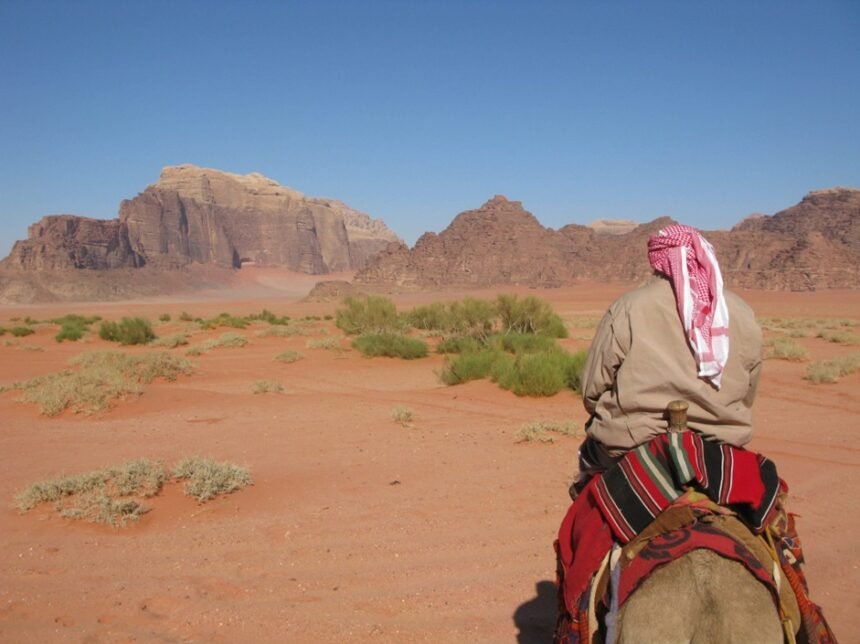 Traveler Riding a Camel in a Saudi Arabian Desert